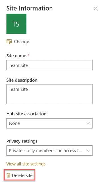 click delete sharepoint team site