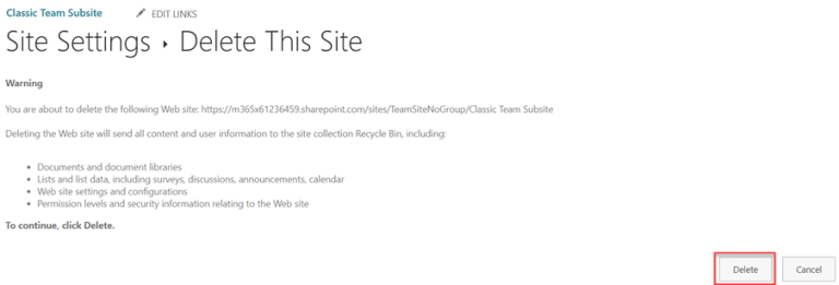delete SharePoint site warning message