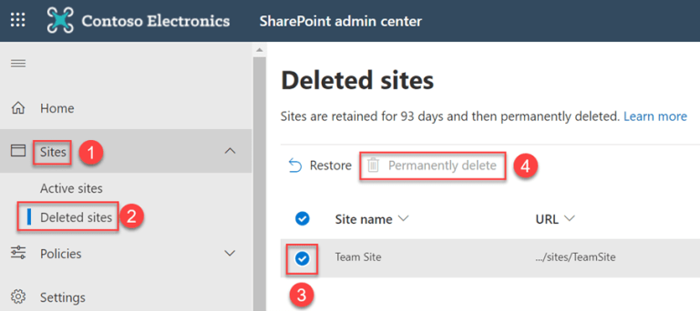 permanently delete a sharepoint site