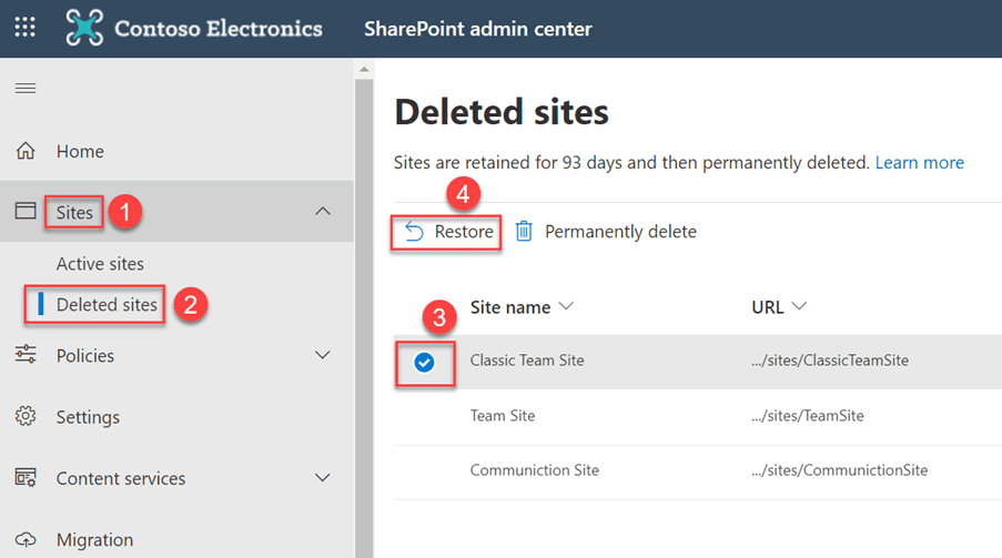 restore deleted team or communication site