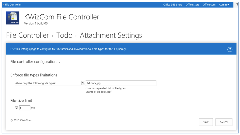 KWIZ file controller | set SharePoint file upload limits